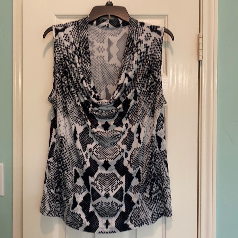 Snakeprint sleeveless top  with draped neckline. Size XL Polyester and Spandex!